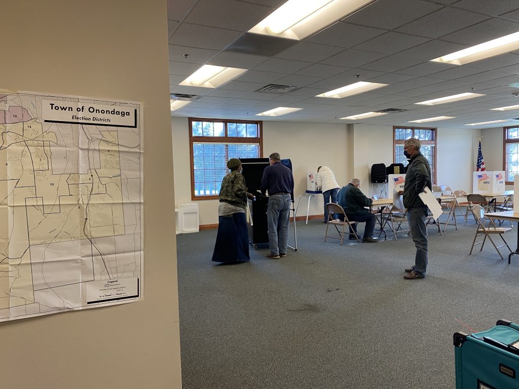 Voters line up at the Onondaga Town Hall to cast their votes on Election Day 2021
