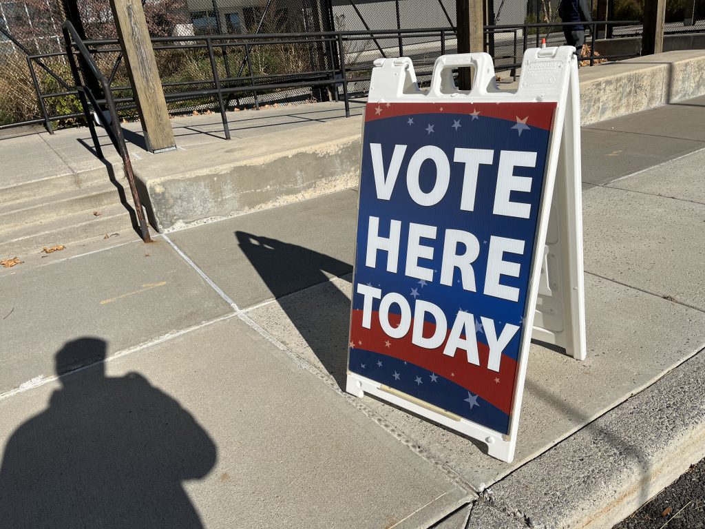 The "Vote Here" sign outside of WCNY-TV in Syracuse.