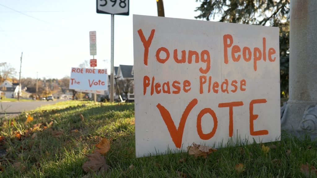 Signs along the road that say "Young people please please vote" and "Roe, Roe, Roe the vote."
